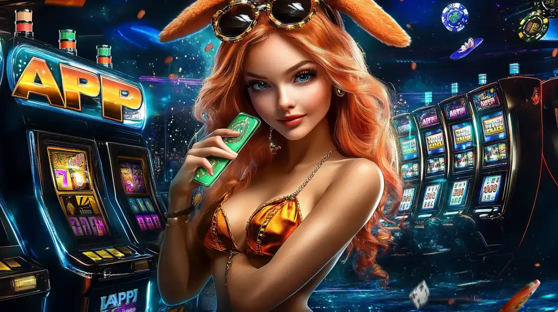Red-haired woman in orange bikini with bunny ears holding phone, standing near slot machines with chips in the air.