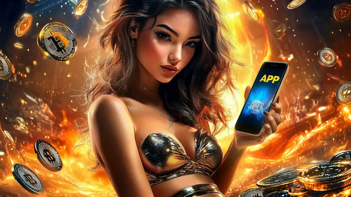 Confident woman in golden outfit holding phone with APP screen, surrounded by Bitcoin tokens and casino chips.