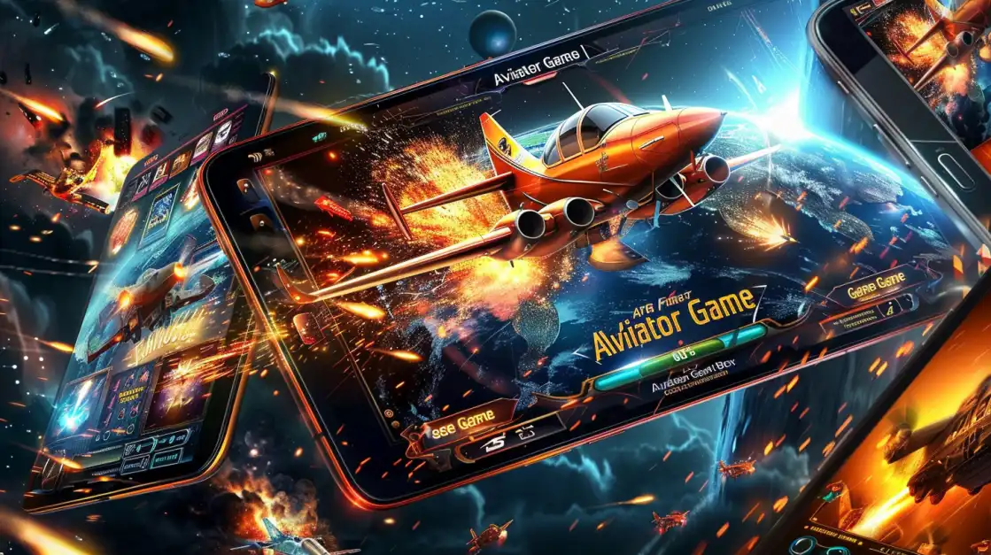 Explosive scene of fiery red plane flying out of tablet screen with other aircraft and game elements around.