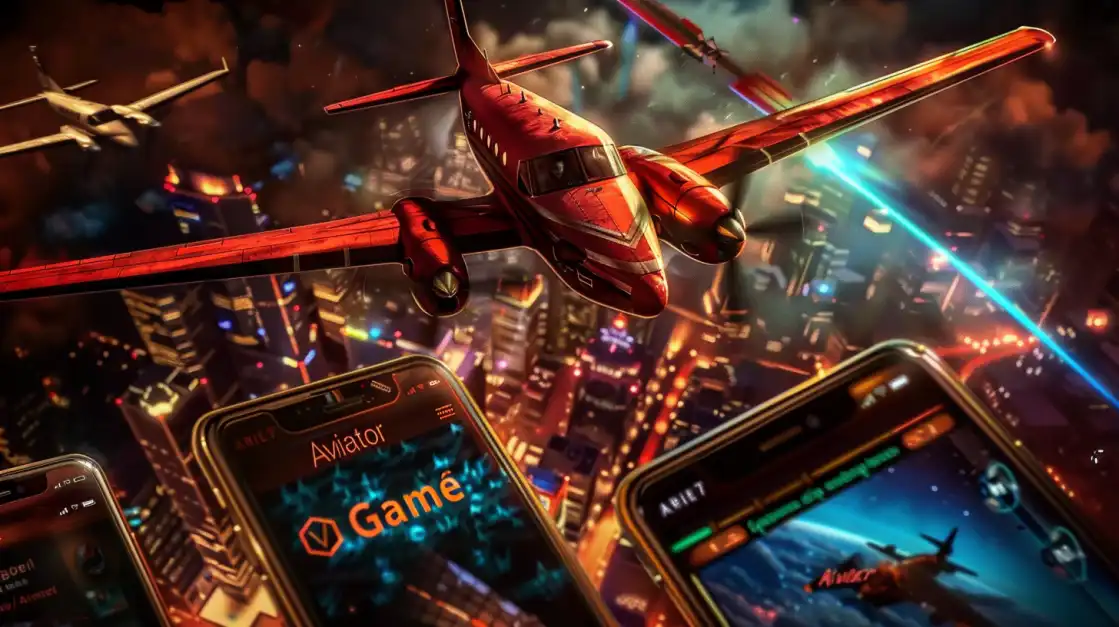 Red airplane flying over neon-lit city with multiple smartphones showing Aviator Game interface.