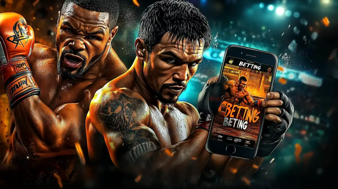 Two muscular boxers in fighting stance, one holding smartphone showing betting app with glowing stadium background.