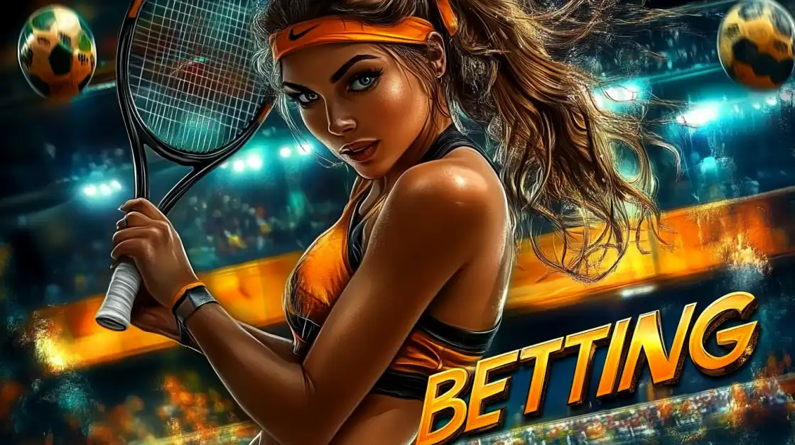 Confident woman tennis player in orange outfit holding racket with stadium lights and betting text in background.