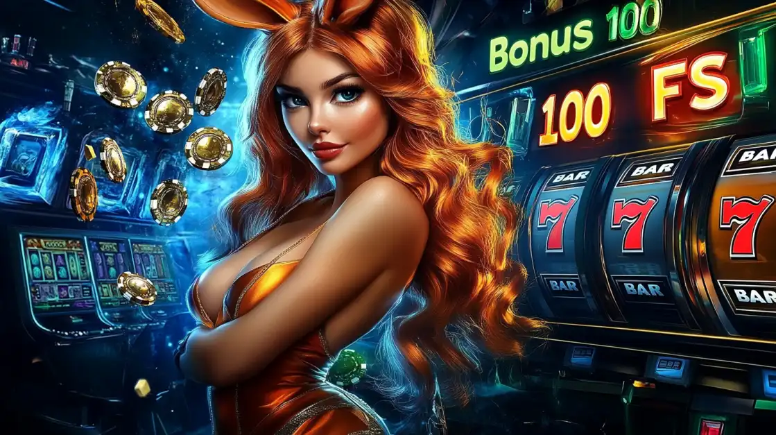 Red-haired woman in orange bunny suit surrounded by flying chips near slot machine showing bonus and 777s.