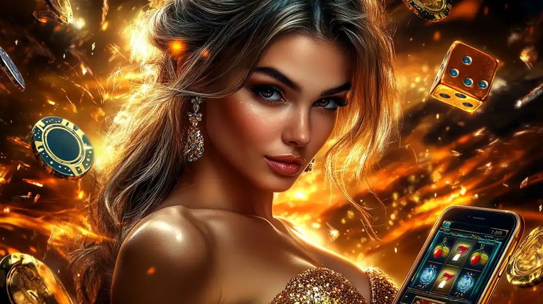 Elegant woman in gold dress holding phone with slot game screen, surrounded by golden chips and dice.