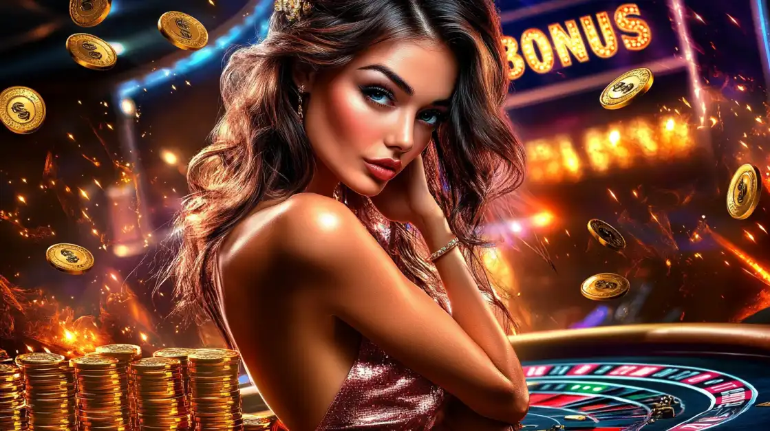 Glamorous woman in pink dress leaning on roulette table with floating gold coins and casino lights behind.