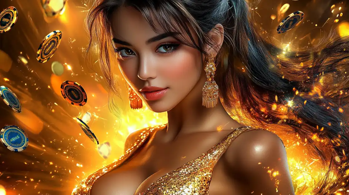 Glamorous woman in golden dress and earrings surrounded by floating casino chips and glowing lights.