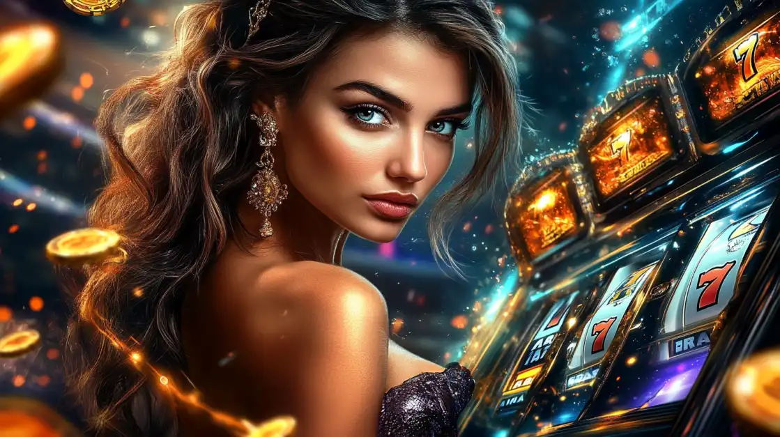 Elegant woman in dark gown beside glowing slot machine with 777 symbols and flying gold coins.