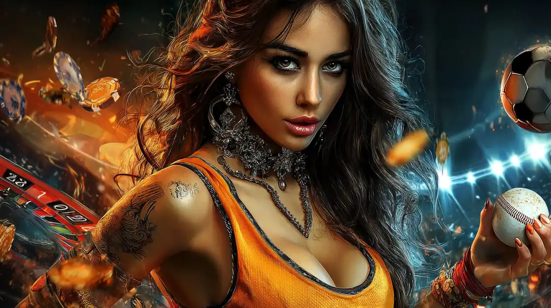 Fierce woman in orange top with tattoos holding a baseball, surrounded by roulette wheel, chips, and flying soccer ball.