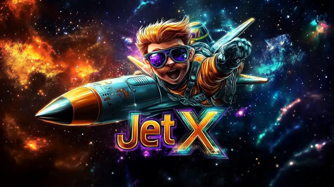 Cartoon man in futuristic pilot suit and sunglasses riding rocket through colorful galaxy with JetX title glowing below.