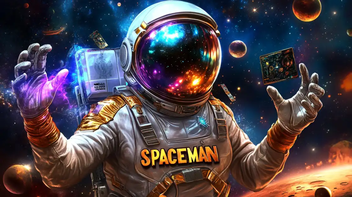 Glowing astronaut in space suit labeled 'Spaceman' floating among planets and control panels in outer space.