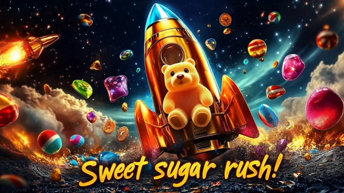 Cute teddy bear riding golden rocket surrounded by flying colorful candy and sweets in outer space.