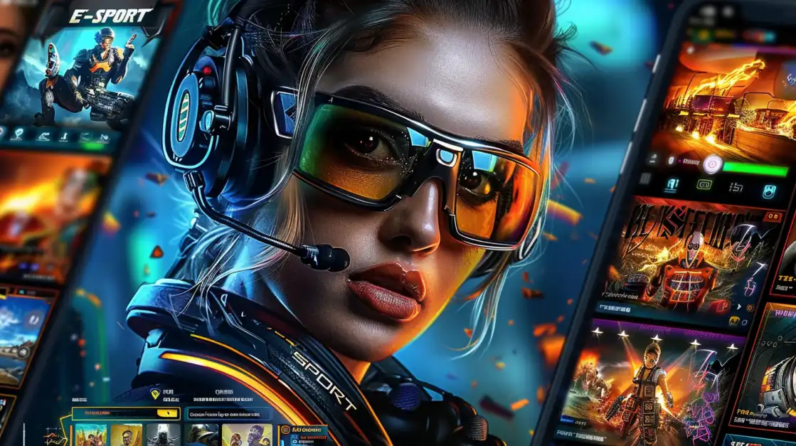 Female gamer wearing large headset and sports glasses with mobile game interface and e-sport visuals in background.