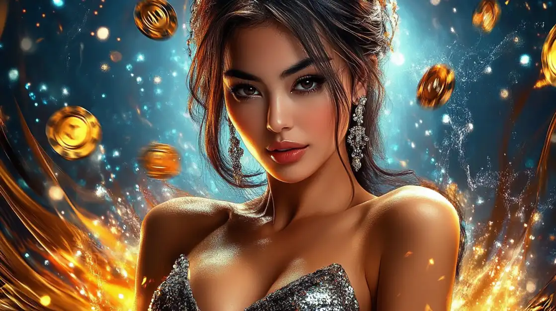 Glamorous woman in sparkly dress with floating gold coins and glowing casino-themed background.