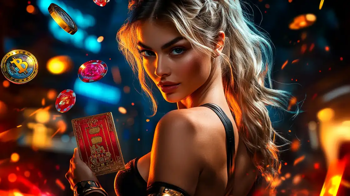 Blonde woman in black holding red playing card with floating bitcoins, gems, and fiery background.