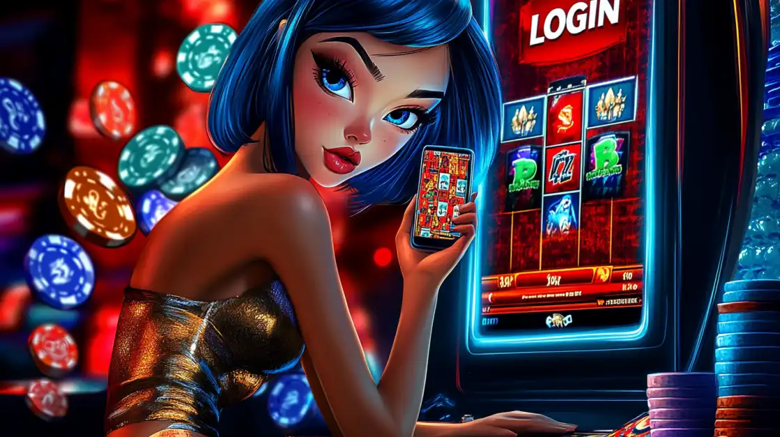 Cartoon-style woman with blue hair in gold top holding phone with slots, surrounded by colorful poker chips and login screen.