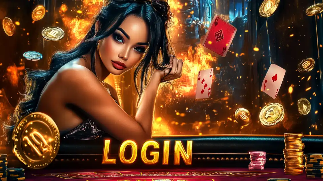 Woman in dark dress leaning on casino table with flying cards and gold coins around LOGIN text.
