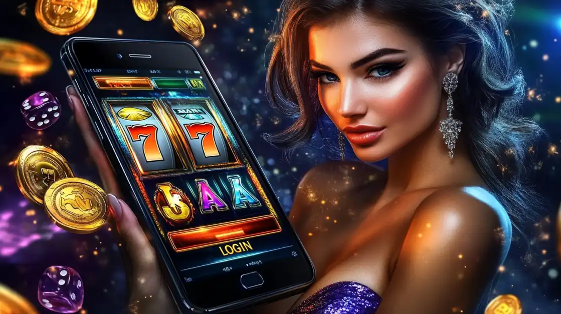 Stylish woman holding smartphone with slot game on screen, surrounded by spinning coins and dice.
