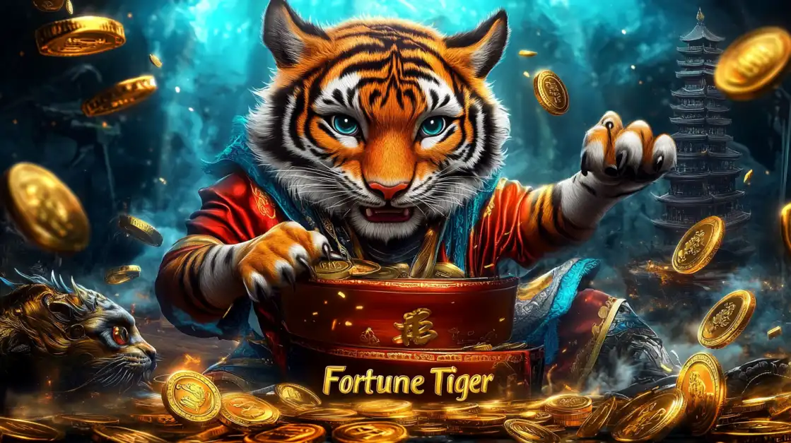 Stylized tiger in red robe grabbing gold coins with Asian temple in background and golden glow all around.