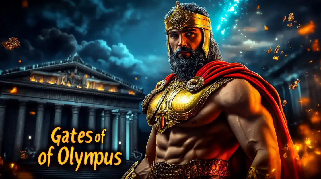 Muscular Greek god in golden armor and red cape standing in front of burning Olympus temple at night.