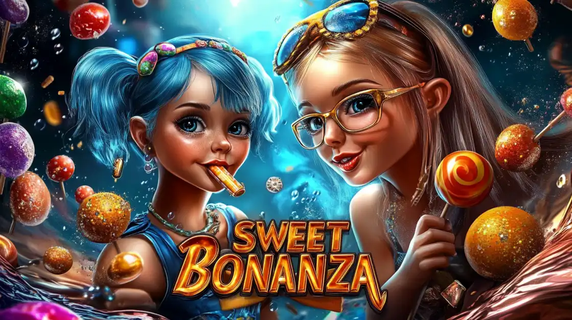 Two cartoon girls with lollipops and colorful candy flying around them, Sweet Bonanza text below.
